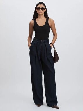 Good American Dark Blue Good American Wide-Leg Pleated Jeans Womens Size 22